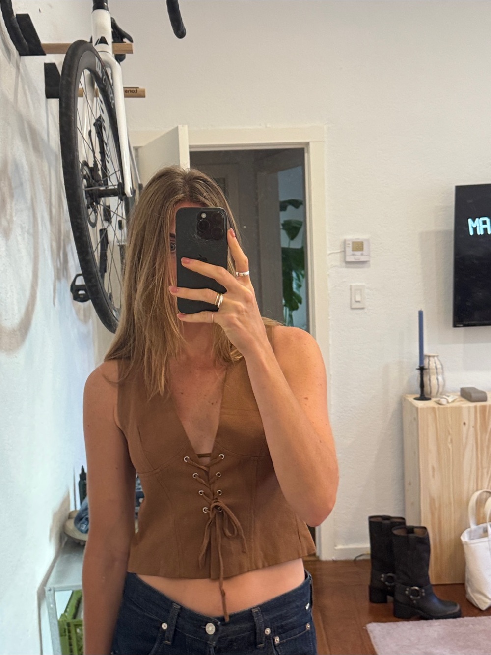 Zara Brown Lace-Up Leather-Look Tank Top